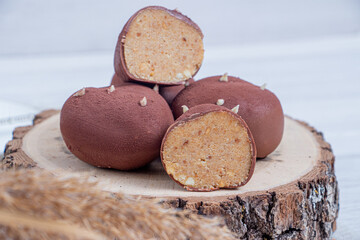 Dessert potatoes on wooden hemp