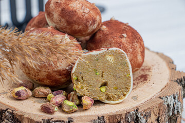 Dessert potatoes on wooden hemp