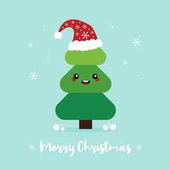 Merry Christmas vector cartoon style card, illustration with christmas tree character in santa hat.
