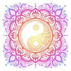 Color Circular pattern in form of mandala with ancient hand drawn symbol Yin-yang for decoration. Decorative ornament in oriental style. Rainbow design on white background.