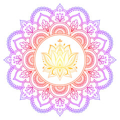 Circular pattern in form of mandala with lotus flower for Henna, Mehndi, tattoo, decoration. Decorative ornament in ethnic oriental style. Rainbow pattern on white background.