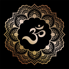 Circular pattern in form of mandala with flower for Henna, Mehndi, tattoo, decoration. Decorative ornament in oriental style with ancient Hindu symbol mantra OM. Gold design on black background.