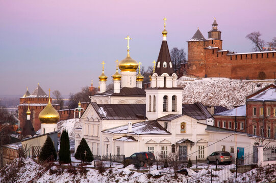 Orthodox Church and the Kremlin in the evening winter sunset in Nizhny Novgorod