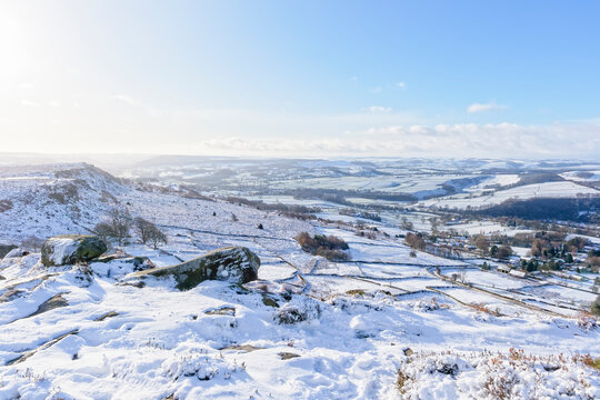 Low winter sun lights a Derbyshire Peak District winter landscape