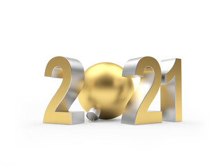 Numbers 2021 with golden Christmas ball isolated on white background. 3d illustration