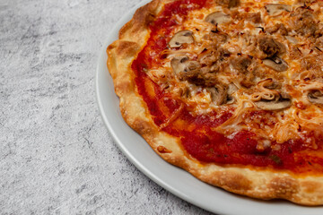 Delicious homemade pizza with tomato, cheese, mushrooms, tuna, vegetables, ham and fresh herbs presented on white plate with light background and selective focus. Copy space.