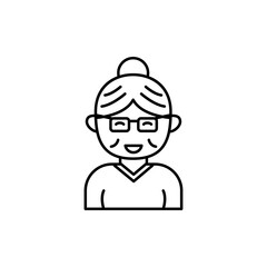 Simple line art old lady vector illustration isolated on white background. Linear style of grandmother icon