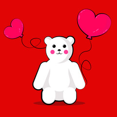 Vector illustration of a polar bear with two pink balloons in the shape of hearts on a red background.