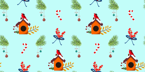 Fototapeta na wymiar Cute red birds and Christmas elements. Vector seamless pattern. For paper, packaging, textile.
