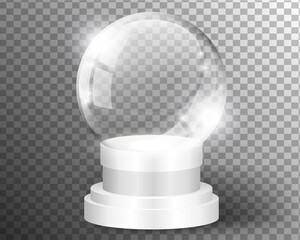 White vector snow globe clear template isolated on transparent background. Christmas magic ball. Glass ball dome layered stand. Winter holiday crystal, empty inside. Xmas toy