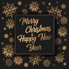 Fototapeta na wymiar Merry Christmas vector banner with gold lettering and snowflakes decoration pattern isolated on black background. Elegant design for advertising, promotion, flyer, invitation, poster