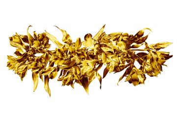 Golden flowers bouquet white background isolated closeup, gold lily flower bunch, shiny yellow metal leaves, floral branch, decorative border, pattern, design element for holiday banner, greeting card