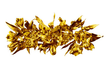 Golden flowers bouquet white background isolated closeup, gold lily flower bunch, shiny yellow metal leaves, floral branch, decorative border, pattern, design element for holiday banner, greeting card