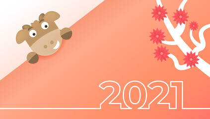 Happy New Year 2021. Illustration of a buffalo appearing from behind a paper, decorated with red flowers and white trees. animal smiling. chinese new year celebration. typography numbers 2021