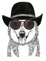 husky dog head hand drawn illustration. animal with glasses and a hat