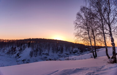 Sunset in the birch forest in winter