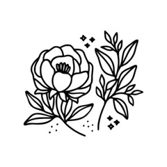 Hand drawn rose, peony flower and botanical leaf branch illustration. Black line art vector feminine logo. Symbol and icon for wedding, business card, cosmetics, jewel, brand, and beauty products