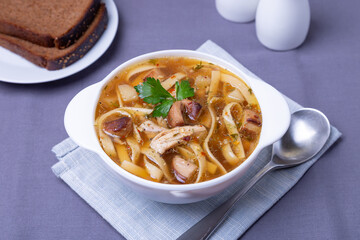 Soup with mushrooms, chicken and noodles in a white plate. Traditional Russian dish. Close-up.
