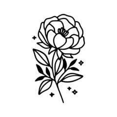 Hand drawn rose, peony flower and botanical leaf branch illustration. Black line art vector feminine logo. Symbol and icon for wedding, business card, cosmetics, jewel, brand, and beauty products
