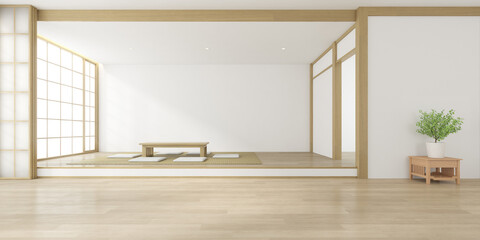 3D rendering of living room with a seat and small table on wooden floor, Korean traditional interior design. 