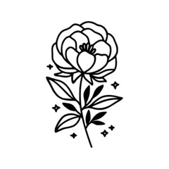 Hand drawn rose, peony flower and botanical leaf branch illustration. Black line art vector feminine logo. Symbol and icon for wedding, business card, cosmetics, jewel, brand, and beauty products