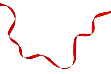 One red silk thin swirling ribbon on a white background in a curved shape. Soft focus. Isolation on white. Mock up for frames and decorations.