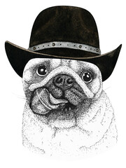 pug dog head hand drawn illustration. Wild animal wearing cowboy hat Wild west