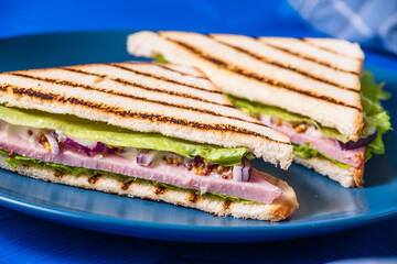 Ham and greens sandwich on a blue background.