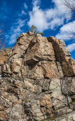 Stone cliff with trees on its top against the blue sky in spring