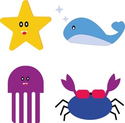 Doodle Kawaii Character. Underwater Animal Set.