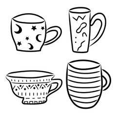 Cups line icon set. Hand drawn vector illustration set. Black outline. Coffee and tea cups doodle.
