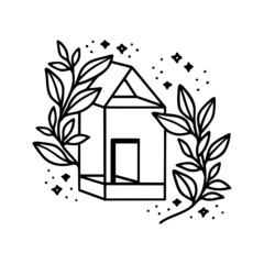 Hand drawn home, house, building, and botanical leaf branch illustration. Black line art vector logo. Symbol and icon for business card, shop, brand, and products