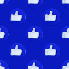Social like minimal concept seamless pattern. 3d render. Like icon on a blue circle isolated on background. 3d illustration Thumbs up button