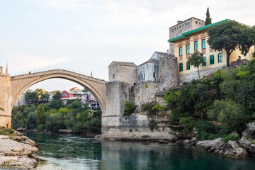 Obraz premium View of the historic Old Bridge in Mostar at dawn. Bosnia and Herzegovina