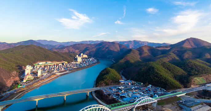 An overhead view of the rural city of Danyang in South Korea from the Mancheonha Skywalk Observatory. 