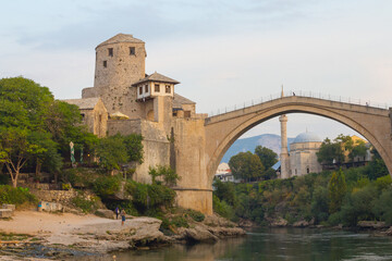 Fototapeta na wymiar View of the historic Old Bridge in Mostar at dawn. Bosnia and Herzegovina