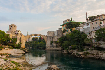 Obraz premium View of the historic Old Bridge in Mostar at dawn. Bosnia and Herzegovina