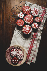 Chocolate sugar cookies with red and white royal icing