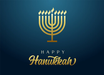 Happy Hanukkah golden menorah with lettering, candles and flame light on blue background. Jewish holiday hanuka vector illustration