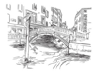 Venice hand drawing vector illustration canal and bridge