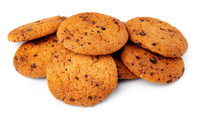 Pile of chocolate chip cookies isolated on white background