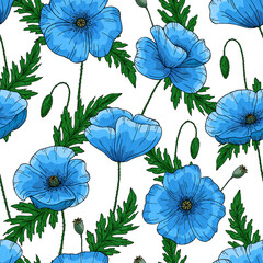 Saemless pattern with blue poppy flowers. Papaver. Green stems and leaves. Hand drawn vector illustration. Isolated on white background.