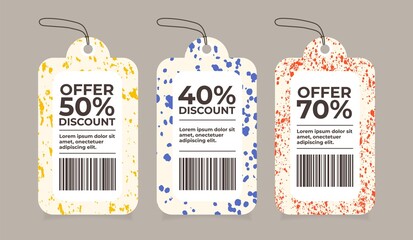 Colorful hand drawn textures style tags set. Sale labels Vector design