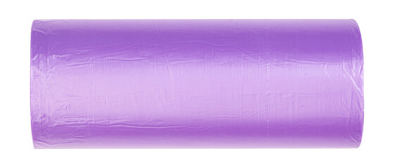 Purple plastic polyethylene trash bag roll isolated over the white background