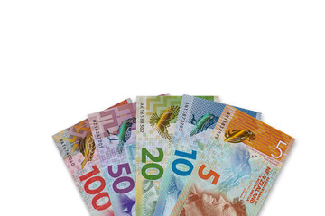 Obraz na płótnie Canvas New Zealand banknotes on white background.