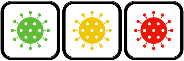 Covid-19 Icon in grün, orange und rot als Coronavirus Ampel
