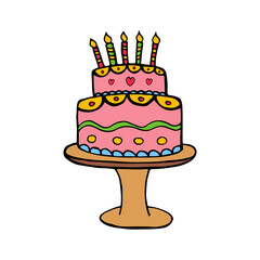 Birthday cake. Doodle image of a birthday cake. Flat confectionery image.