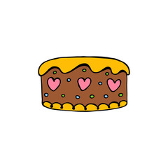 Cake for the holiday. Doodle image of a birthday cake. Flat confectionery image.