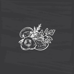 Healthy product. Vegan Food. Hand drawn Sketch Salad of Mushrooms, Cucumber, Tomato, Onion, Herbs Vector Illustration
