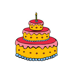 Birthday cake. Doodle image of a birthday cake. Flat confectionery image.